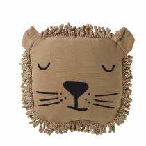 Coussin lion brodé en coton bio Nobodinoz  forme carrée avec franges  34 x 34 cm