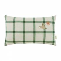 Coussin rectangulaire en lin français Vibes  motif carreaux verts et petit oiseau Nobodinoz