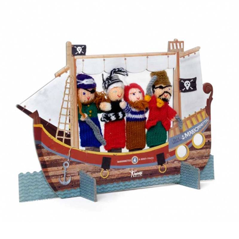 Théâtre bateau pirate et ses marionnettes à doigt en laine