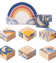 Cubes en bois massif illustrés avec motifs météo et pochette textile en forme darc-en-ciel Nobodinoz