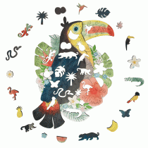 Puzzle Toucan composé de 114 pièces dont 20 sont des silhouettes de l'univers Tropical