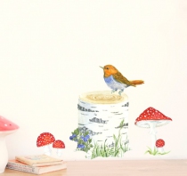 Sticker-Tronc-oiseau-champignons-aquarelle