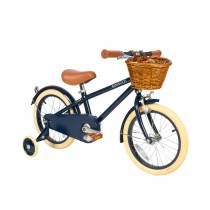 Vélo enfant 16 pouces bleu Banwood avec panier, roulettes arrière et finitions marron - stabilité et confiance pour débutants