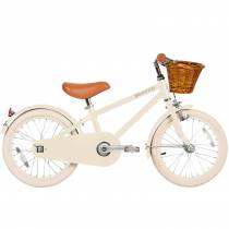 Vélo enfant 16 pouces crème Banwood avec panier avant, selle et guidon marron - design élégant et adapté aux petits cyclistes