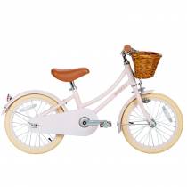 Vélo enfant 16 pouces rose poudré Banwood avec panier avant, selle et guidon marron - design élégant et adapté aux petits cyclistes