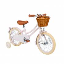 Vélo enfant 16 pouces rose poudré Banwood avec panier, roulettes arrière et finitions marron - stabilité et confiance pour débutants