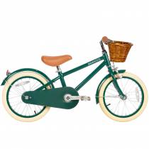 Vélo enfant 16 pouces vert Banwood avec panier avant, selle et guidon marron - design élégant et adapté aux petits cyclistes